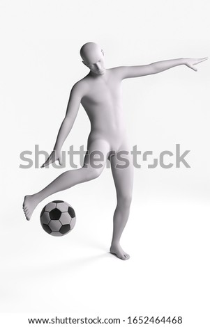 Abstract ilustraional white-colored 3D figure playing soccer and running after the ball to kick it in a white background.