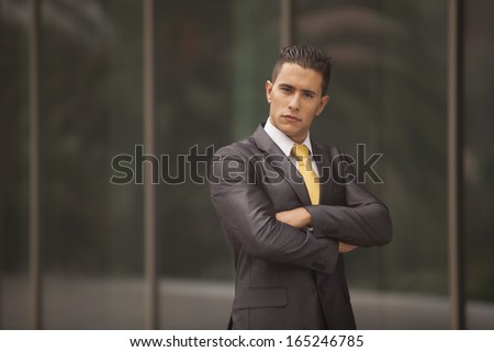 Powerful and elegant businessman at the exterior of his office