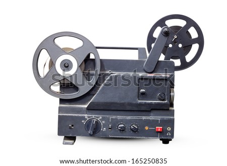 Old film projector old black isolated on white background.