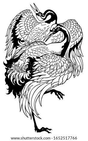 Japanese crane. Dancing two birds. Black and white tattoo. Vector illustration