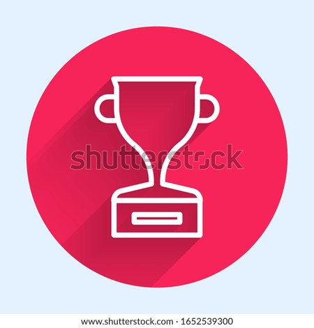 White line Award cup icon isolated with long shadow. Winner trophy symbol. Championship or competition trophy. Sports achievement sign. Red circle button. Vector Illustration