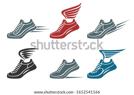 Set of speed running and winged sport shoes emblem or icon. Vector illustration.