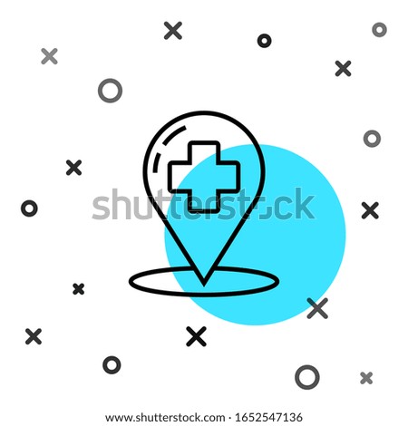 Black line Medical map pointer with cross hospital icon isolated on white background. Random dynamic shapes. Vector Illustration
