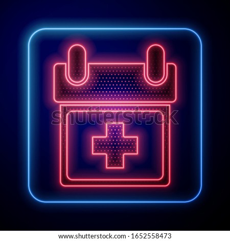Glowing neon Doctor appointment icon isolated on blue background. Calendar, planning board, agenda, consultation doctor.  Vector Illustration