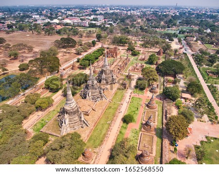 Aerial View With Drone. Wat Phra Si Sanphet temple in Ayutthaya Historical Park. UNESCO world heritage site, Thailand