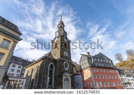 Wide angle view of the evangelical church in Monschau, Eifel, Germany