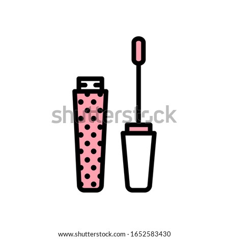 Vector lipgloss icon with applicator in flat style with black stroke, pink fill and circles texture