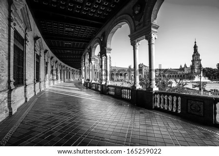 Spanish Square (Plaza de Espana) in Sevilla, Spain. Black and White