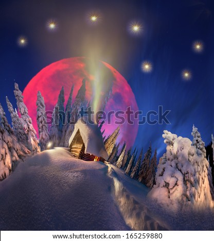 Fantasy, drawing on the theme of travel in the mountains under a full moon and the universe on a person when his world seems small, very tiny, and when the bitter cold puts ate in fluffy robes
