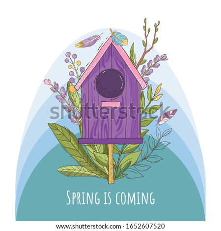 Purple birdhouse with green plants and feathers. Vector illustration