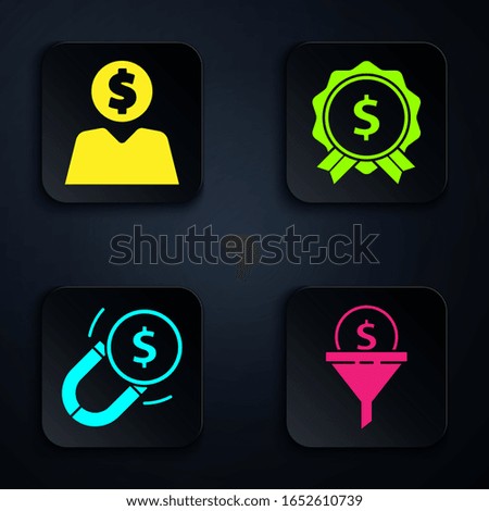 Set Lead management, Business man planning mind, Magnet with money and Price tag with dollar. Black square button. Vector