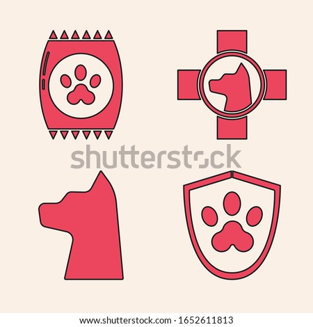 Set Animal health insurance, Bag of food for pet, Veterinary clinic symbol and Cat icon. Vector