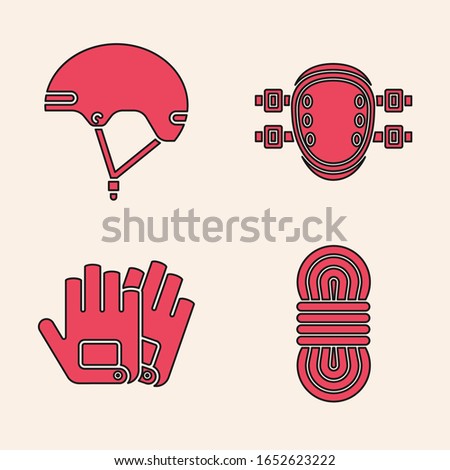 Set Climber rope, Helmet, Knee pads and Gloves icon. Vector