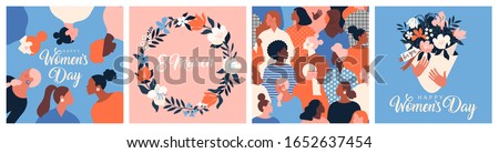 Collection of greeting card or postcard templates with flower bouquet in vase, floral wreath, feminism activists and Happy Women's Day wish. Modern festive vector illustration for 8 March celebration. Royalty-Free Stock Photo #1652637454