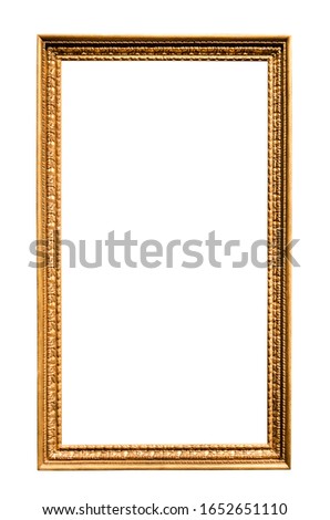 long vertical narrow vintage wooden picture frame with cutout canvas isolated on white background