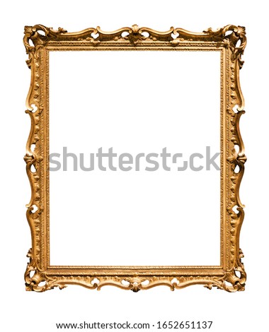 vertical narrow baroque wooden painting frame with cutout canvas isolated on white background