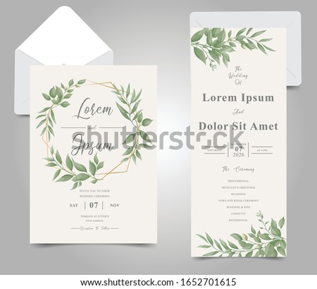 Greenery Wedding Invitation Card Template Set with Watercolor