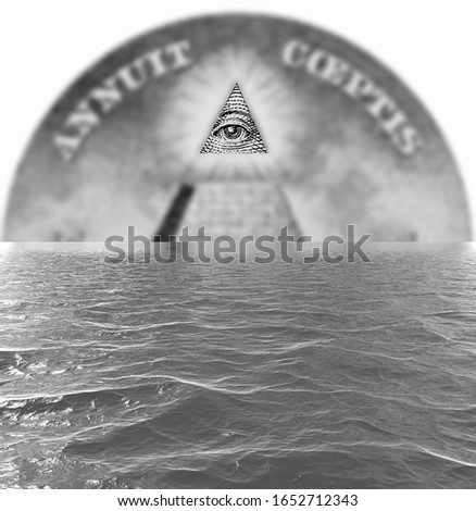 Conspiracy theory concept. All Seeing Eye and Pyramid on USA dollar banknote, Portrait from United States of America 1 Dollar 1935 Banknote. Collection.