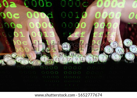 Abstract background of innovation of data management and technology concept. close up hands of woman is typing on keyboard with binary and data structure foreground.