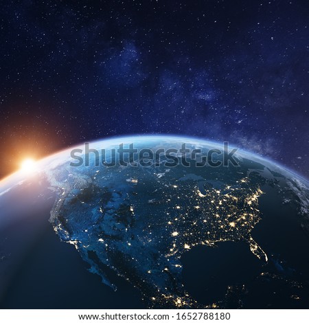 USA from space at night with city lights showing American cities in United States, Mexico and Canada, global overview of North America, 3d rendering of planet Earth, elements from NASA Royalty-Free Stock Photo #1652788180