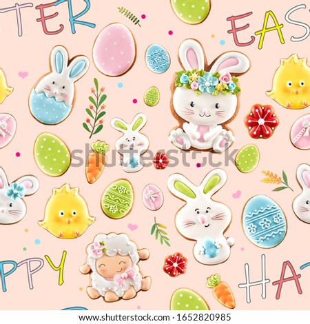 From above view of ginger glazed cookies and colorful words isolated on light pink background. Close up of homemade delicious pastry in shape of lovely easter animals, eggs, flowers and carrots.