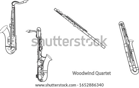 Black outline saxophones, sax, bassoon and flute woodwind quartet on white background. Musical instruments for template or art school dictionary illustration