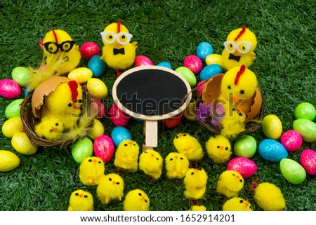 happy aester hatching chickens on a grass background, with glasses in a nest, on a yellow background with place for inscription
