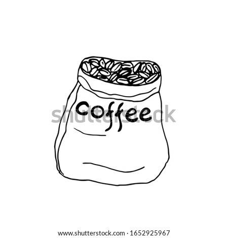 A bag of coffee grains.  Vector illustration. Isolated elements on white background. Black and white graphics.  Hand drawn. 