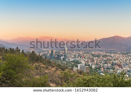 Panoramic view of Santiago de Chile from San Cristobal mountain, at sunset
