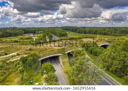 Aerial view of Ecoduct wildlife crossing at Dwingelderveld National Park, Beilen, Drenthe, The Netherlands Royalty-Free Stock Photo #1652955616