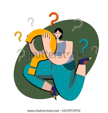Uncertain businesswoman in suit. Sign. Question mark. Question words concept. Vector flat illustration. Hand drawn