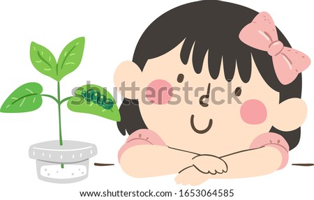 Illustration of a Cute Kid Girl Wearing Pink Ribbon Hair Bow Leaning Her Face on the Table while Watching Her Adopted Caterpillar on the Leaf in Small Plant Pot