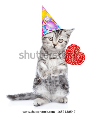 Kitten wearing party`s cap holds a heart shaped candy. isolated on white background
