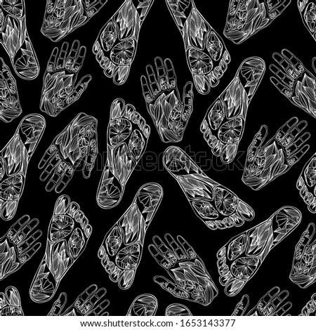 Pattern with foot, palms of man. Hand drawn heels, fingers, untouched nature, nature conservation. Eco production, planet. Antistress coloring book for children. illustration on black
