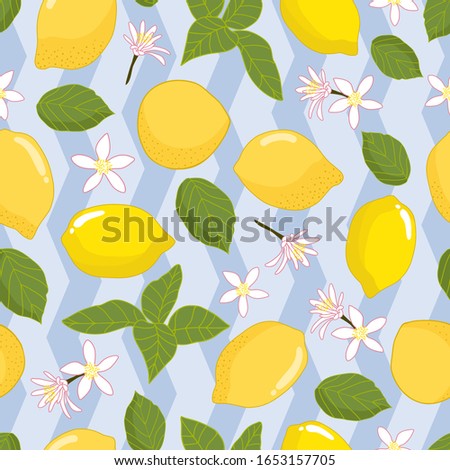 Seamless pattern lemons and leaves on blue chevron background