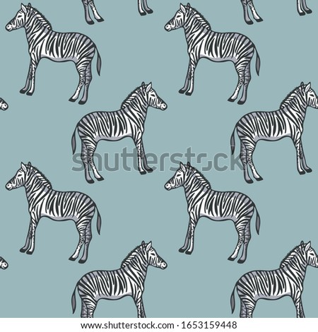 Seamless Pattern with Zebra. Ornament items with Wildlife and Animal symbol. For printing wrapping paper, wallpaper, packaging, fabric. Hand Drawn vector illustration.