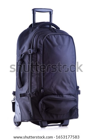 Large black tourist backpack with wheels isolated on white background Royalty-Free Stock Photo #1653177583