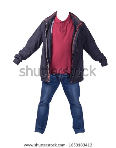 blue  jacket, dark red shirt and blue jeans isolated on white background. casual fashion clothes
