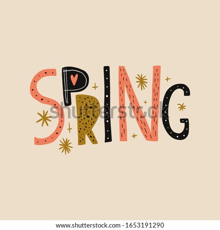 Spring hand written collage lettering word. Hand drawn typography banner, spring season concept, illustration in scandinavian style for greeting cards, invitations, banners and more. Vector EPS clip