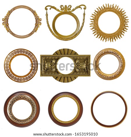 Set of round golden frames (circle) for paintings, mirrors or photos isolated on white background