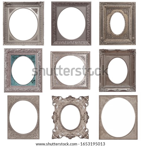 Set of oval silver frames for paintings, mirrors or photos isolated on white background