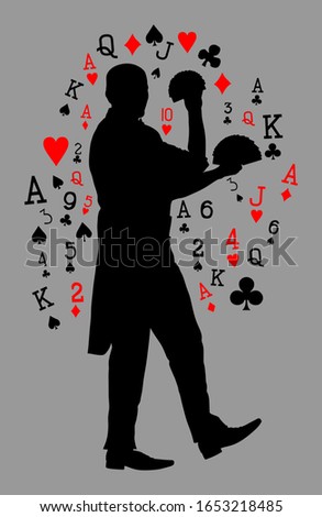 Magician performing trick with cards vector silhouette isolated on background. Magic performer illusionist.  Cabaret show or circus entertainment performance. Animator on birthday party show.