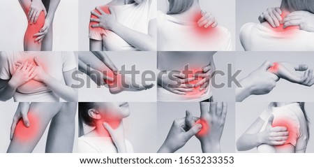 Medicine and healthcare. Young woman feeling pain in various body parts, collage Royalty-Free Stock Photo #1653233353