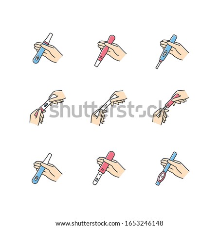 Early pregnancy sign RGB color icons set. Positive test for pregnant woman. Two lines. Surprise result. Expectant motherhood. Fertility and ovulation. Gynecology check. Isolated vector illustrations