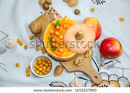 Pumpkin soup . Food for a healthy lifestyle , rural kitchen