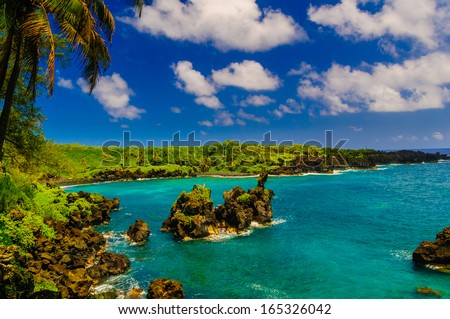 Waves breaking on the rocks on a sunny day during a spectacular ocean view on the Road to Hana, Maui, Hawaii, USA Royalty-Free Stock Photo #165326042