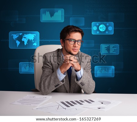 Businessman doing paperwork with futuristic digital background