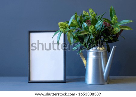 photo frame and metal watering can with brunia flowers on a gray background with copy space