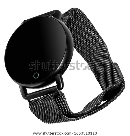 Wireless smart watch in a round matte black case on a metal strap with a blank screen for a logo on a white background. Three quarter view