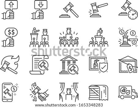Auction line icon set. Included icons as hammer, price, bidding, judge, auction hammer, painting, deal and more. Royalty-Free Stock Photo #1653348283